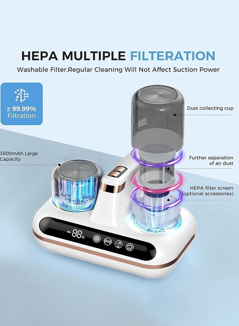 مكنسة كهربائية للسرير - منظف لاسلكي لعث الغبار، يعمل بتقنية الأشعة فوق البنفسجية C بطول 253.7 نانومتر وتقنية الموجات فوق الصوتية، بقوة شفط قوية تبلغ 16 كيلو باسكال، وضوضاء منخفضة، ومتعددة الاستخدامات للسرير، وشعر الحيوانات الأليفة، والأريكة. - Image 3